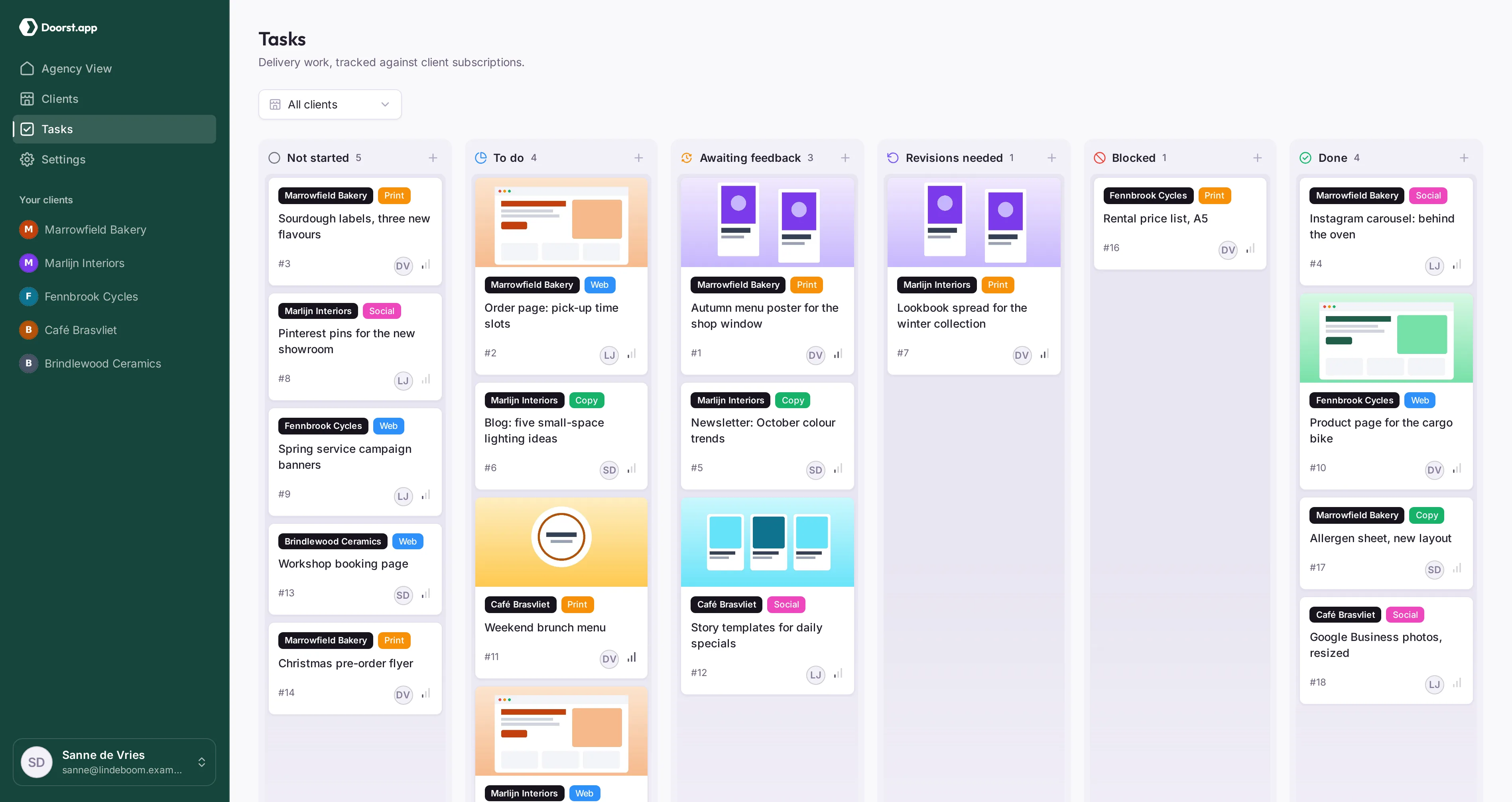 Doorst.app task board with a demo agency's client work, grouped by status